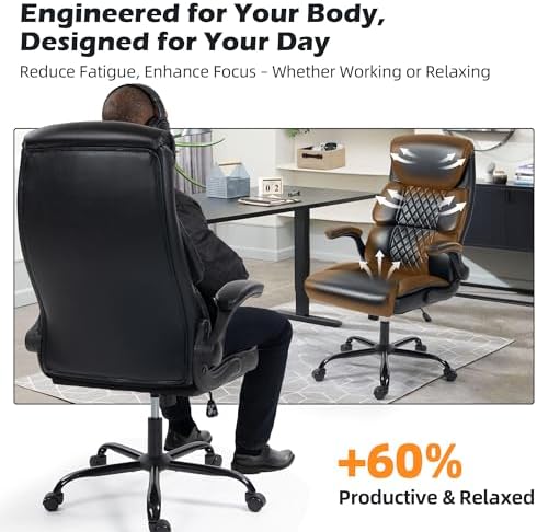 Office Chair - Ergonomic High Back Computer Desk Chair with Rocking Function & Lumbar Support - Executive Comfortable Wide Swivel Rolling Office Leather Chair with Flip-up Armrests for Home Gaming
