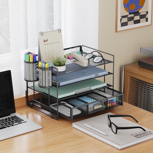 Marbrasse Desk Organizer, 4-Tier Paper File Letter Tray, Black