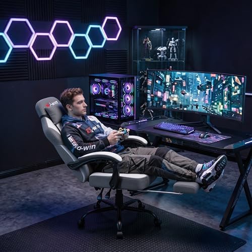 Shintenchi Big and Tall Gaming Chair Fabric Pocket Spring Cushion,High Back Recliner with Footrest and Headrest for Adults, Massage Lumbar Support for Home Office, Ergonomic Computer Desk Chair, Gray