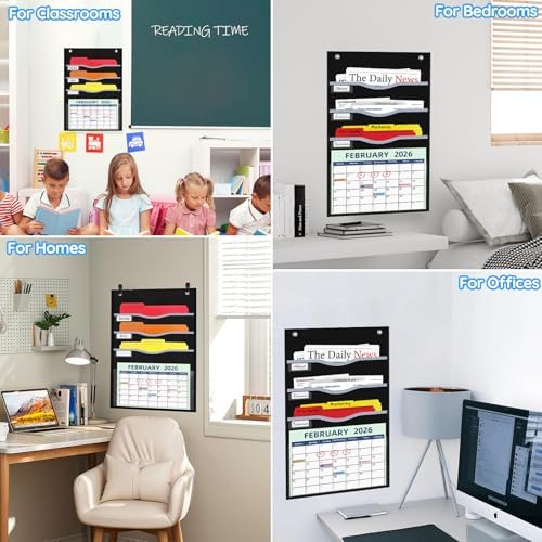 ALSLEA 4 Pockets Hanging Wall File Organizer 15" Extra Wide Pocket Chart for Classroom, Office, Home, Mail Organizer Wall Mounted with 1 Writable Clear Pocket, 5 Wall/ Door Hooks & 12 Labels (Black)