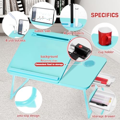 CloudTrip Plus XL Adjustable Laptop Desk with Light, USB Port, iPad Holder, Drawer Storage - Larger 23.6IN Adjustable Lap Desk for Bed, Home Office, Breakfast Tray, Fordable Legs Desk (Light Blue)
