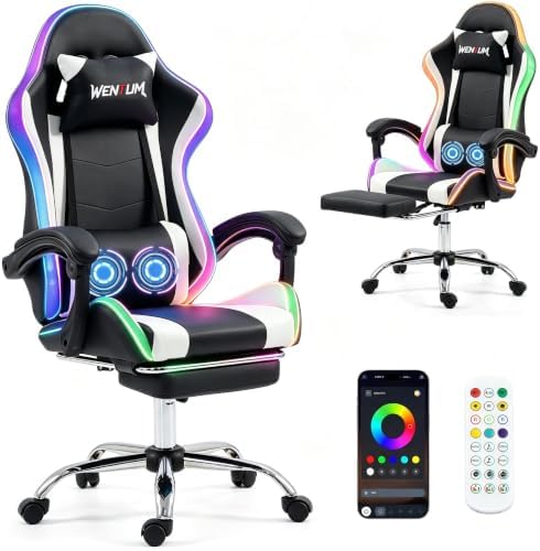 LED Lights Gaming Chair with Footrest, Black/White