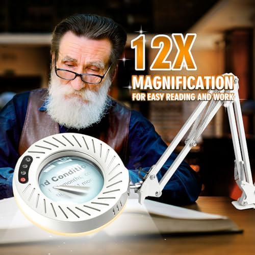 Toolastra 12X Magnifying Glass with Light and Stand, 144 LEDs Brightest Desktop Magnifying Lamp, 10 Dimmable Brightness 5 Color Modes, Hands Free Metal Desk Lamp for Craft Reading Painting (White)