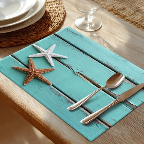 Shrahala Antique Rustic Teal Blue Set of 6 12 X 18 Inch Linen Placemats, Gold and White Starfish in Sand Border On Burlap Table Mat Washable Double Layered Heat Insulation for Indoor/Outdoor