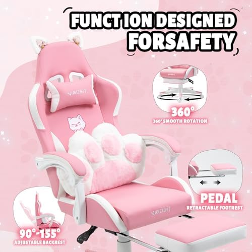 Vigosit Pink Cat Ear Gaming Chair with Footrest - Cute Gaming Chair for Girls, 310lbs Capacity, Adjustable Height & Lumbar Support, Ergonomic Computer Chair for Teens