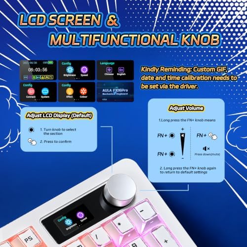 AULA Wireless Mechanical Keyboard with Screen & Knob,Creamy Gaming Keyboard