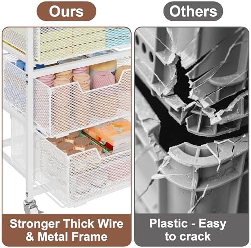4-Drawer Rolling Storage Cart, Utility Cart with Drawers, White Metal Craft Cart Organizer with Wheels & Wooden Top, Art Supply Storage Organizer for Classroom, Office, Kitchen,Patent Pending