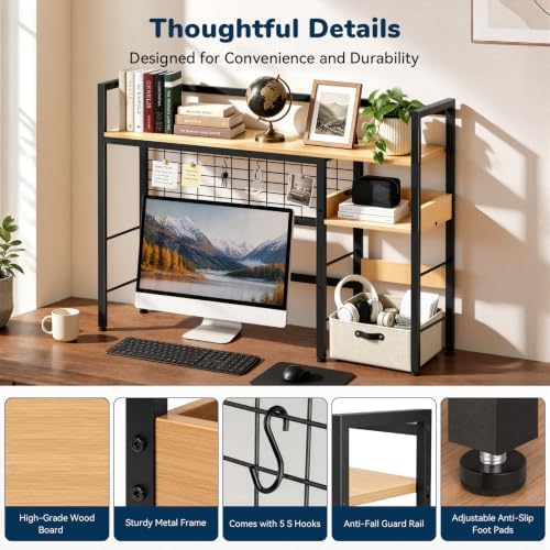 Desk Shelf, 38.6" Desk Hutch with Pegboard Hooks Set, Natural