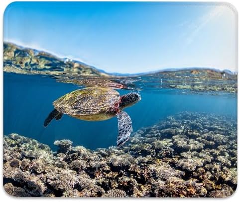 Green Sea Turtle in Clear Blue Water Mouse Pad, Coral Reef Marine Desk Mat