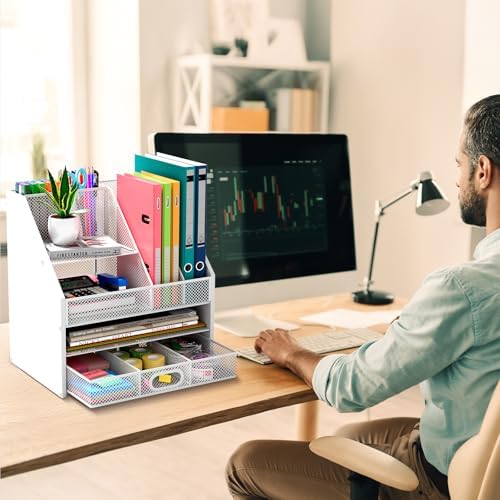 Homsorout Wooden Desk Organizer - Mesh File Organizer with Drawers and Pen Holder - 4-Tier Vertical Paper Letter Storage Tray, Desktop Organizers and Accessories for Home Office （White