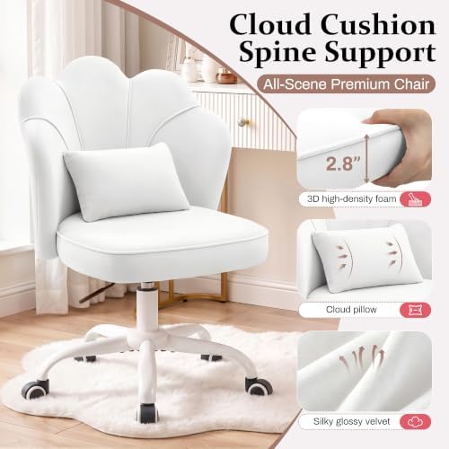 Vanity Chair with Wheels, Swivel Velvet Makeup Desk Chair, White