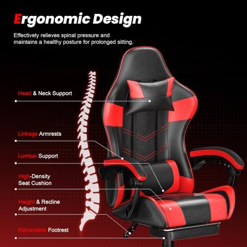 Gaming Chair with Footrest, Ergonomic Video Game Chair for Adults, Red