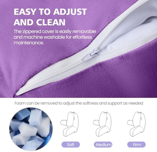 Reading Pillow with Adjustable Memory Foam,Adult Backrest with Arms, Back Pillow for Sitting in Bed with Washable Cover- Large, Purpule