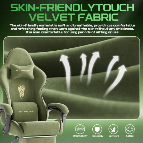 Ferghana Ergonomic Velvet Fabric Gaming Chair with Embroidery Fire, Massage Lumbar Support & Retractable Footrest, Reclining Racing Computer Office Desk Chair for Adults, Green