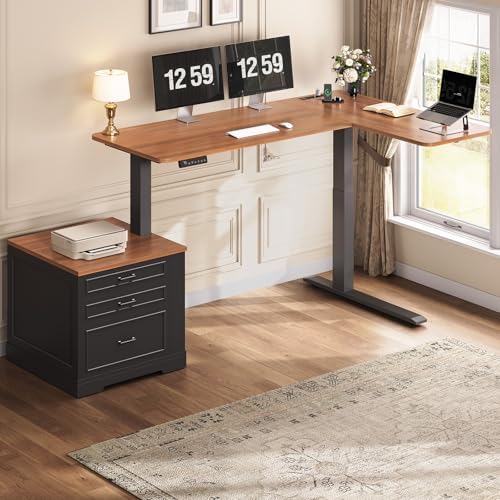 SEDETA Farmhouse L Shaped Electric Standing Desk, 70.9" x 39.4" Height Adjustable Office Executive Desk with 3 Drawers, Standing Computer Desks with Power Outlet for Home Office, Black