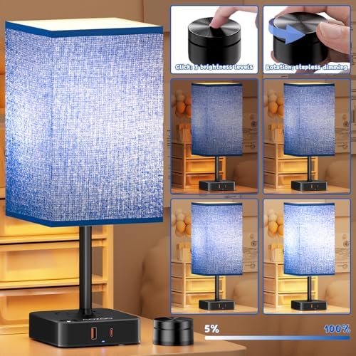 Bedroom Nightstand Lamp with Charger, Touch Table Lamps with Remote Control
