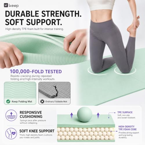 KEEP Foldable Yoga Mat, 7mm Thick TPE Non-Slip Fitness Mat for Home Gym