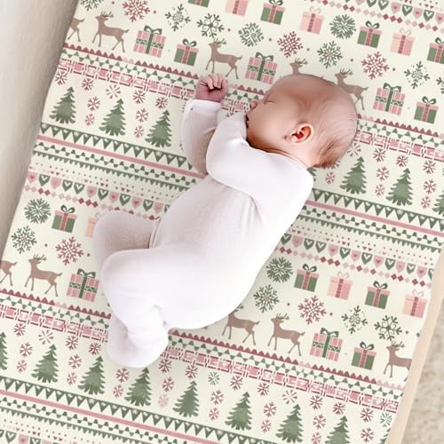 Cute Christmas Theme Reindeer Trees Snowflakes Winter Holiday Pattern Baby Changing Pad Cover, Unisex Christmas Nursery Diaper Changing Table Pad Mat Sheet for Boys Girls-16x32