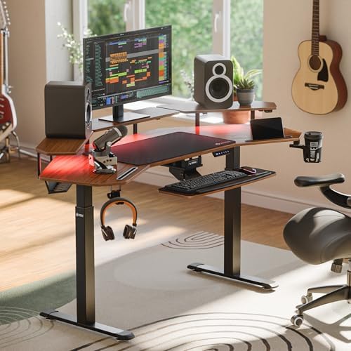EUREKA ERGONOMIC 72" Standing Desk, Adjustable Height Dual Motor Computer Desk with Keyboard Tray & LED Monitor Stand, Gaming Music Studio Workstation, Slot Design, Deep Walnut