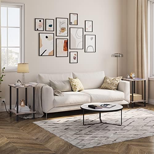 HOOBRO Side Table with Charging Station, End Table with USB Ports and Outlet, Nightstand with 2-Layer Storage Shelves for Small Spaces, Living Room, Bedroom, Stable Frame, Greige and Black BG09UBZ01