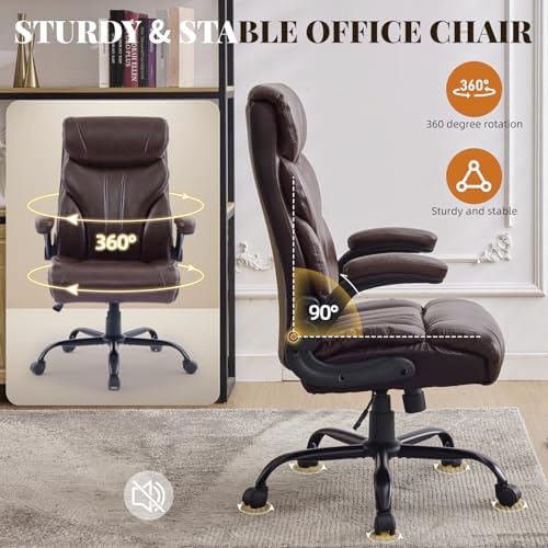 Big and Tall Office Chairs with Adjustable Flip-up Armrests,500LBS Wide Ergonomic Gaming Chair,100-118°Recline Executive Leather Computer Chairs with Adjustable Height,Coffee