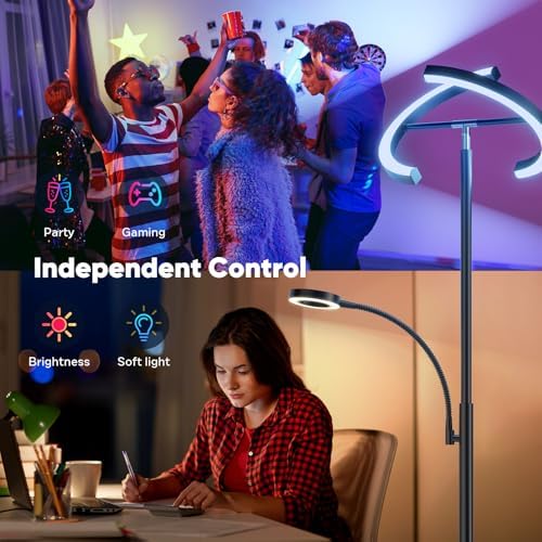 SIBRILLE Upgraded RGBCW Floor Lamp with Reading Lamp, Rotatable Remote Control LED Standing Lamp Dimmable Floor Light Modern Standing Light for Living Room Bedroom Home Office, 36W, Black
