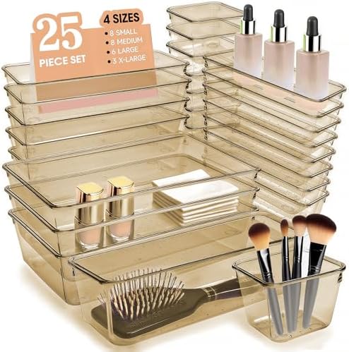 Kitchen Desk Drawer Organizers Storage for Office, Small Acrylic Vanity Trays Makeup Organizer for Drawer Bathroom Plastic Make up Organizers 25 Pcs Clear Champagne