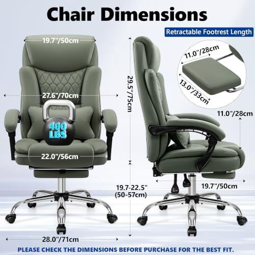 Ergonomic Executive Office Chair PU Leather High Back, 400lbs Heavy Duty Reclining Desk Chair with Footrest, Adjustable Lumbar Support, Padded Armrests, Wide Seat, Green