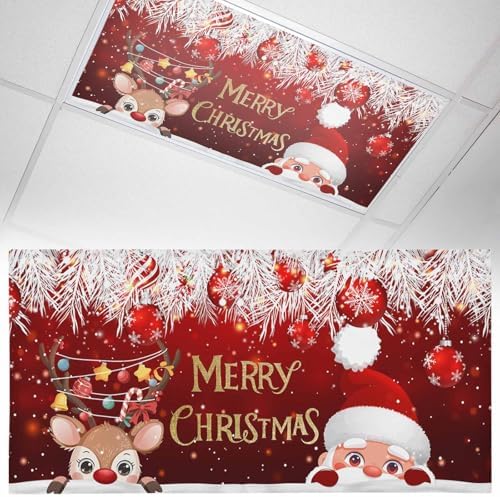 Santa Claus Red Magnetic Fluorescent Light Covers for Ceiling Lights 2 x 4 Feet,Christmas Cute Deer Pine Tree Ball Office Classroom Kitchen Drop Ceiling Light Covers Filters Shade Panel 1 Pack