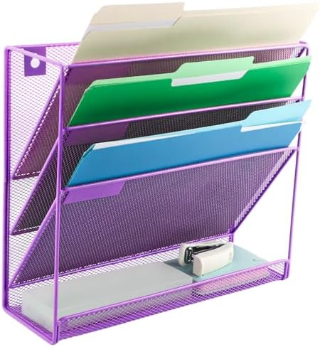 EASEPRES Desk File Organizer Mesh 4-Tier, Hanging Wall Mount Document Organization Stand, Desktop Vertical Mail Paper Folder Holder Rack with Bottom Tray for Office Home Cubicle Countertop, Purple
