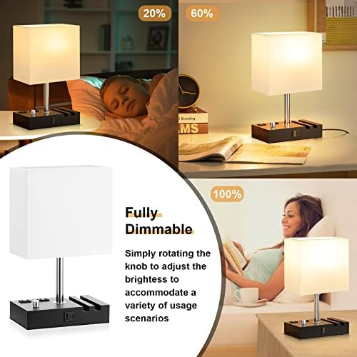 White Bedside Table Lamps Set of 2 - Dimmable, USB C+A, 2 AC Outlets