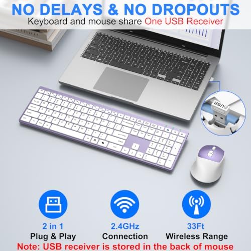 Wireless Keyboard and Mouse Combo, Full Size Silent Ultra Thin Keyboard with Magnetic Wrist Rest, Optical Mouse, 2.4G Lag-Free Cordless Mice Keyboard Set for Computer, Mac, Laptop, PC, Windows