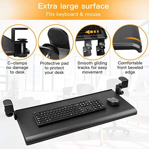 HUANUO Keyboard Tray Under Desk with C Clamp-Large Size, Steady Slide Keyboard Stand, No Screw into Desk, Perfect for Home or Office