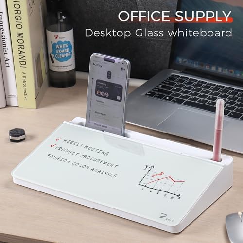 TOWON Compact Glass Desktop Whiteboard with Storage 12x7 in, White