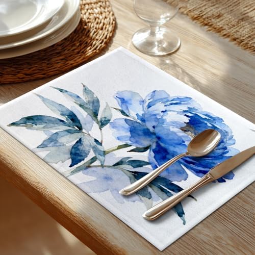 Shrahala Indigo Blue Hand Floral Bouquet Set of 8 12 X 18 Inch Linen Placemats, Watercolor White Flowers Burlap Table Mat Washable Double Layered Heat Insulation for Indoor/Outdoor