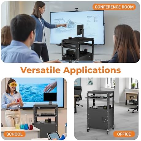 Mobile AV Cart with Cabinet, Rolling Computer Cart Height Adjustable Rolling Media Utility Cart with Extra Storage Space, 4 Outlets, Pullout Keyboard Tray Perfect for Home or Office Use