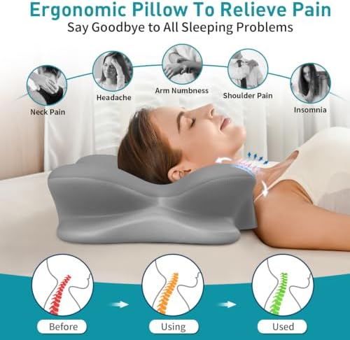Cervical Neck Pillow for Pain Relief - Ergonomic Pillow for Neck Support, Contour Memory Foam Pillows for Sleeping, Orthopedic Bed Pillow for Side Back Stomach Sleepers (Grey & White)