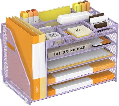 5 Tier Paper Letter Tray Desk Organizer with Pen Holders - Purple