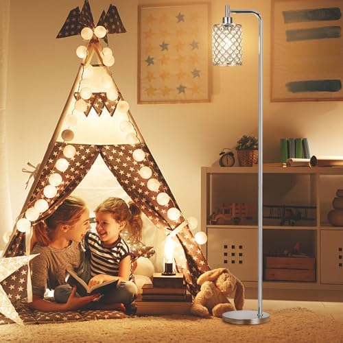 Ziisee Crystal Floor Lamp - Industrial Modern Standing Lamps with LED Bulb for Living Room Bedroom Office - Silver