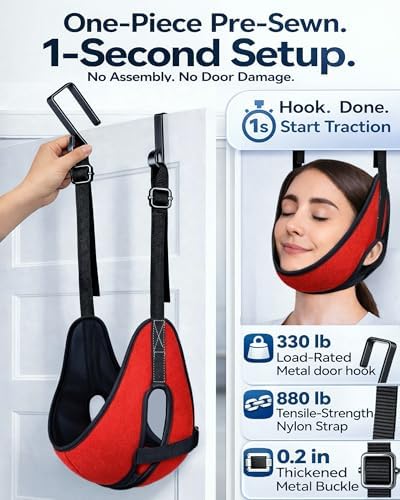 Upgraded Over-The-Door Cervical Neck Traction Device – Portable Adjustable Neck Stretcher for Neck Pain Relief, Spine Alignment & Posture Correction, Home Physical Therapy Kit, 330 lbs Support (Red)