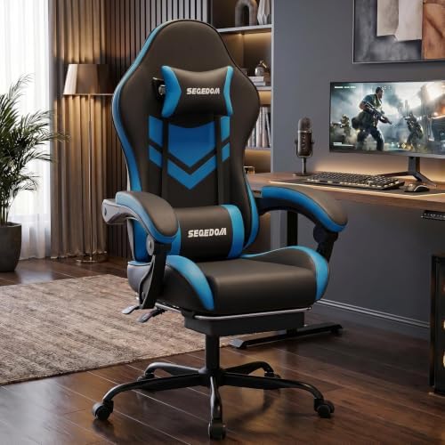 Gaming Chair with Footrest & Massage Lumbar Support, PU Leather Ergonomic High Back Swivel Height Adjustable Chair for Adults, Office Gaming, 300 lbs (Black Blue)