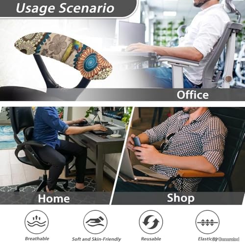 2 Pack Office Chair Armrest Covers, Hummingbird Print Desk Chair Armrest Covers Boho Mandala Flower Print Game Chair Armrest Covers, Non Slip Stretchy Game Chair Arm Covers, Brown