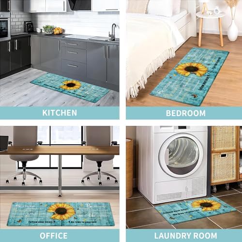 Likiyol Sunflower Kitchen Rugs Set of 2 Anti-Fatigue Mats, Spring Non-Slip Washable Floral Standing Floor Mat, 18''x30''+18''x48'' (Blue)