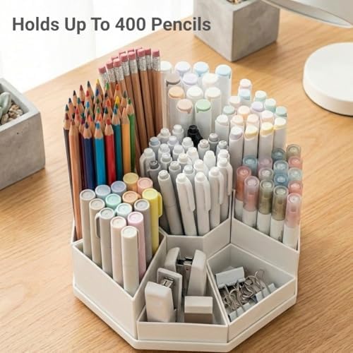 MODENZ 360° Rotating Pencil Holder, Sturdy Non-slip, 9-Grid Smart Compartments, Pen and Art Supply Holder for Office, Home, and Classroom, Makeup Brush Organizer (Sand Beige)