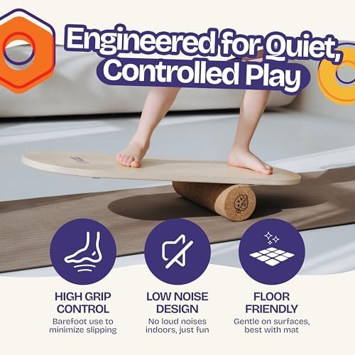 ComfyBumpy Balance Board for Kids with Cork Roller, 30" x 12" Wooden Balance Board, 4 Adjustable Levels, 400 lb Capacity, Progressive Balance Trainer for Kids, Parents & Family Play