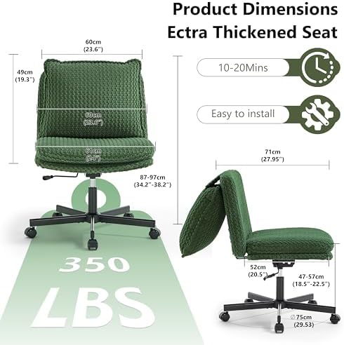 Fizzin Cross Cross Chair Memory Foam Armless with Wheels Home Office Green