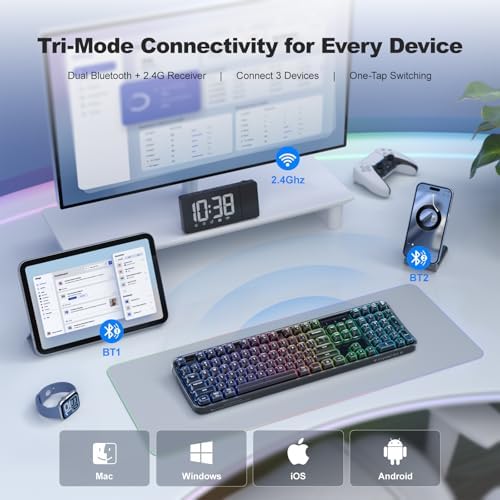 GEEZER Computer Backlit Keyboard Black Crystal - Full-Size Bluetooth Wireless Rechargeable Transparent Keycap Portable Keyboards Compatible with Windows, Laptop, PC, Desktop