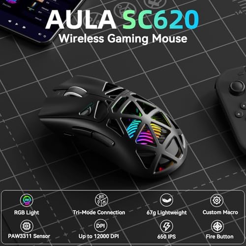 Aula SC620 Wireless Gaming Mouse, Tri-Mode 2.4GHz/USB-C/BT5.3 Computer Mouse with 12000 DPI, Programmable Macro Gamer Mouse with Rapid Fire Key, RGB Light Gaming Mice for PC/Laptop/Mac(Black)