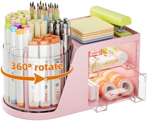 Marbrasse Desk Organizer with 2 Drawer, 360°Rotating Pen Holder, Desk Organizers and Accessories with 6 Slots Pencil Organizer + 2 Drawer, Art Supply Storage Box Caddy for Office (Pink)