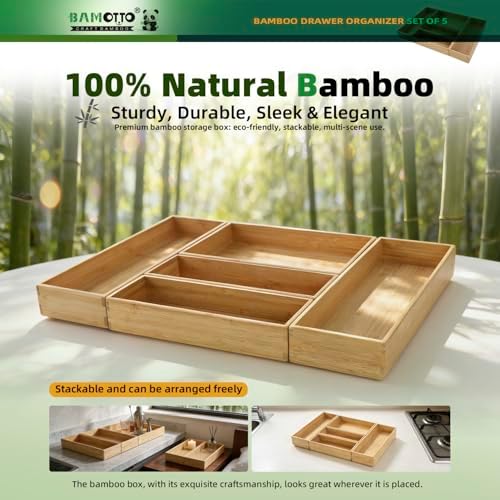 BAMOTTO CRAFTBAMBOO Stackable Bamboo Drawer Organizer Set of 5 for Kitchen